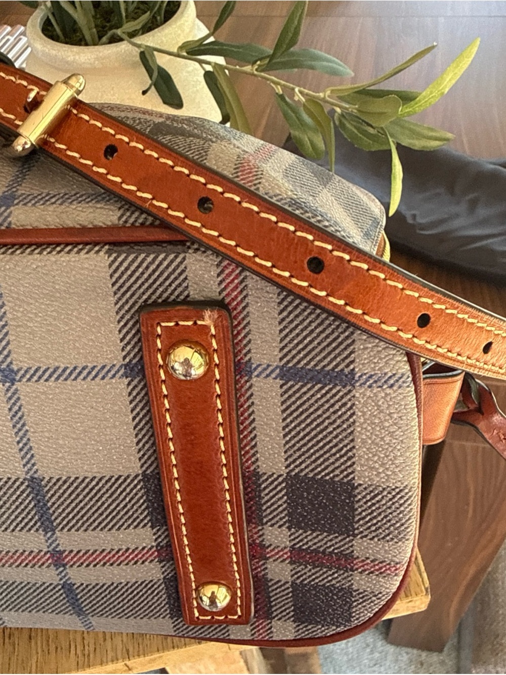 Dooney & Bourke Tiverton Gray Plaid Satchel with Brown Leather Trim. Dust bag. - Picture 9 of 14